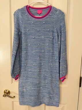 Like New XL Lilly Pulitzer Girls' Blue Knit Pom-Pom Sweater Dress with Pink Trim